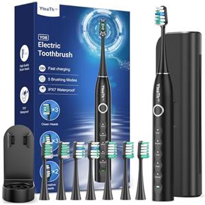 YTEATH PRO Spazzolino Elettrico Sonico per Adulti con 8 Testine - Spazzolino Denti Sonico per Adulti con Custodia da Viaggio, 5 Modalità, Spazzolino Elettrico da Viaggio Ricaricabile, Nero Opaco