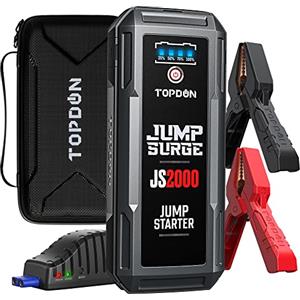 TOPDON JS2000 Avviatore Emergenza per Auto, 2000A 16000mAh Avviatore Batteria Auto per Motori Fino a 8.0L Gas o 6L Diesel,12V Jump Starter con Torcia a LED/Porta USB