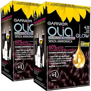 Garnier 2x Garnier Olia Glow Colorazione Capelli Tinta Permanente Colore 4.12 Castano Scuro Freddo Iridescente Senza Ammoniaca Fragranza Delicata - 2 Tinte