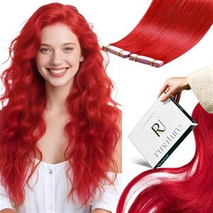RUNATURE Extension Capelli Veri Rosso Biadesivo 14 Pollice/35cm Tape Adesivo Extension Capelli Ver Colorati Rosso Extension Biadesive Capelli Umani 10 Pcs/20g