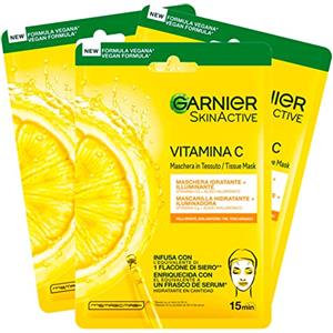 Garnier 3x Garnier SkinActive Maschera Viso Monouso in Tessuto Idratante e Illuminante con Vitamina C ed Acido Ialuronico - 3 Maschere Monouso