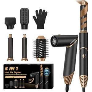 UKLISS Spazzola Asciugacapelli & Air Styler 5 in 1, Spazzola Ad Aria Calda 1000W Asciugatura Rapida Airstyler per Capelli Ricci, Volumizzante, Lisciante, Regali per Donne (Oro Nero)