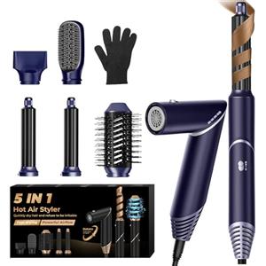 UKLISS Spazzola Asciugacapelli & Air Styler 5 in 1, Spazzola Ad Aria Calda 1000W Asciugatura Rapida Airstyler per Capelli Ricci, Volumizzante, Lisciante, Regali per Donne (Blu-argento)