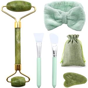 SPOKKI 5 Pezzi Gua Sha Kit, Rullo Di Giada Per Il Viso, Rullo Massaggio Viso, Pietra Di Giada Viso, Guasha Viso Pietra Giada, Massaggiatore Viso Set, Collo Facciale E Rilassamento Muscolare