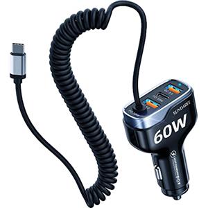 SUNDAREE Caricatore Auto USB C,60W 4 Porte 12V PD QC Fast Charge Carica Rapida Tipo C 1.8M Cavo Spirale Caricabatterie Accendisigari Adattatore for Redmi Note 12/Poco/Galaxy A32/iPhone 14/OnePlus/OPPO