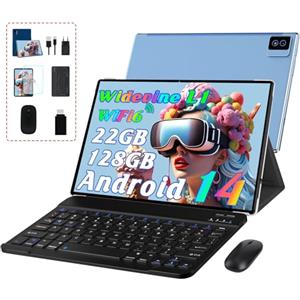 Biegedy Tablet 10 Pollici Tablets Android 14 Octa-Core 2.0 GHz, 22GB RAM+128GB ROM (1TB TF) 5G/2.4G WiFi 6, Widevine L1/GMS/Involucro in metallo/BT5.0/8000mAh/5+8MP, Tablet con Tastiera e Mouse - Blu