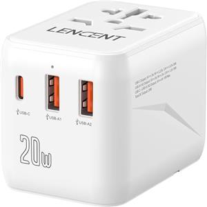 LENCENT Adattatore Universale da Viaggio, PD20W Caricatore con 2 Porte USB, Ricarica Veloce Tipo-C, Caricabatterie da Parete Mondiale per Smartphone, Laptop, Adattatore Spina EU/UK/USA/AUS (Bianco)