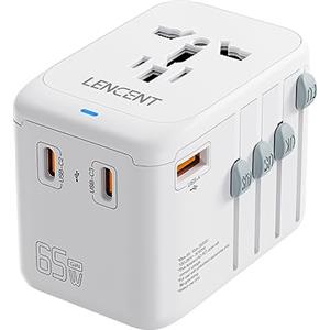 LENCENT GAN III 65W Adattatore da Viaggio Internazionale, Adattatore Presa Universale con 4 Porte USB, Ricarica Rapida, Spina Presa per Viaggiare, Spina Tipo A/C/G/I (USA/EU/UK/AUS) -Bianco