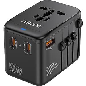 LENCENT GAN III 65W Adattatore da Viaggio Internazionale, Adattatore Presa Universale con 1 USB-A e 3 USB-C Ricarica Rapida, Spina Universale per Viaggiare, Spina Tipo A/C/G/I (USA/EU/UK/AUS) -Nero