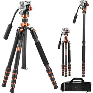 K&F Concept Treppiede Fotocamera in Fibra di Carbonio 173cm, Cavaletto Fotografico con Testa Idraulica ±90°, Treppiedi Video Monopiede 182cm con Arca Swiss per Reflex DSLR, Max 5kg, O255C4+FH-03