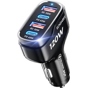 SUNDAREE Caricatore Auto USB C,120W 4 Porte 12V 24V PD QC Carica Rapida Tipo C Caricabatterie Accendisigari Auto Cellulare Adattatore for Samsung A55/iPhone 15/Redmi Note 13/iPad/Galaxy Tab/Macbook