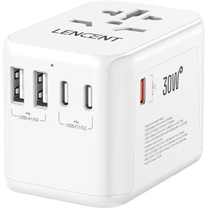 LENCENT Adattatore Universale da Viaggio, GaN III PD 30W Caricabatterie USB C Rapido per Telefono, Laptop, Adattatore Presa a Muro Mondiale con 2 USB & 3 USB-C, Spina di Tipo A/C/G/I per 170+ Paesi