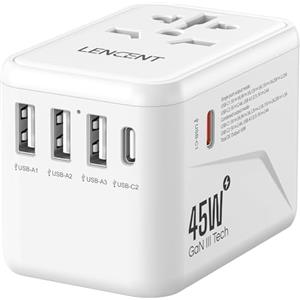 LENCENT Adattatore Universale da Viaggio, GaN III 45W Adattatore Caricatore USB C Rapido, Presa Elettrica Universale Viaggio a Muro con 3 USB & 2 PD, Spina Internazionale per Oltre 224 Paesi, Bianco