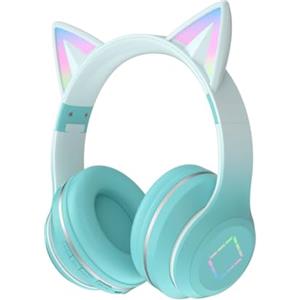 Usoun Cuffie Bluetooth cartone animato,con orecchie da gatto con luce a LED,slot per schede SD,jack audio da 3,5 mm,cuffie sovraurali pieghevoli,senza fili e cablate,per bambini,bambine (grigio verde)