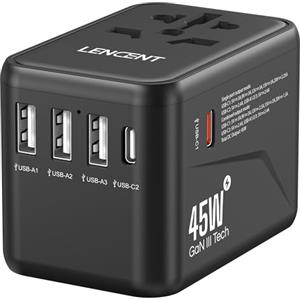LENCENT GaN III Adattatore Universale da Viaggio, 45W Caricatore Ricarica Rapida per Cellulare, Laptop, Adattatore Presa Alimentazione Internazionale con 3 USB e 2 USB-C, Spina per USA/UK/EU/AUS -Nero