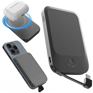 Nobis Slim Power Bank Magnetico 5000mAh con Cavo Integrato Caricatore Portatile QC 3.0 22,5W PD Ricarica Rapida USB C In/Out, per MagSafe 15W Powerbank per Phone 16 Android (Nero)