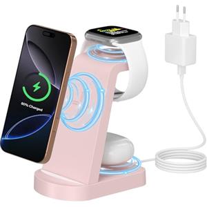 Sewowibo Caricatore Wireless,3 in 1 stazione di ricarica,stazione ricarica caricabatterie wireless compatibile con iPhone 16/15/14/13/12 Pro/Pro Max,Apple Watch Ultra/10/9/8/7/6/5/4/SE AirPods Pro rosa