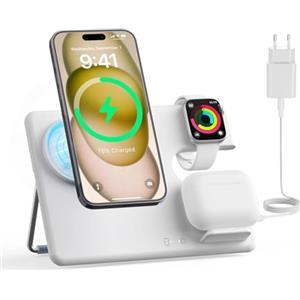 JoyGeek Caricatore per MagSafe, 3 in 1 Base Ricarica Magnetico per iPhone 15/14/13/12/Plus/Pro Max, Stazione di Ricarica per Apple Watch Ultra 2-2, Caricabatterie Wireless per AirPods Pro/3/2-Bianco