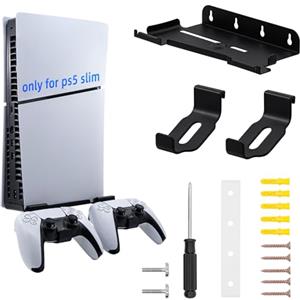 Mcbazel Supporto da Parete per PS5 Slim con 2 Ganci per Controller, Staffa di Sospensione in Metallo d'Acciaio, Accessori Durevoli per PS5 Slim Edizione Disco/Digitale - Nero(Non per PS5/PS5 Pro)