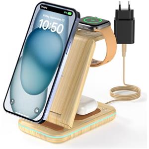 JoyGeek Caricabatterie wireless 3 in 1 pieghevole per i Phone 16/15/14/13/12/11/X, stazione di ricarica induttiva per iWatch 10/9/Ultra/SE/8/7/6/5/4, per Air Pods 4/2/3/Pro, Bamboo