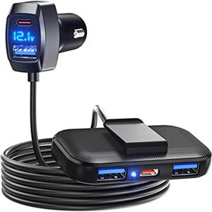 LENCENT Caricabatteria da Auto 5 Porte, LENCENT 31 W Max con 3 Porte USB A e 2 di Tipo C, Rilevamento della Tensione, Caricatore USB Accendisigari con Cavo da 1.5m per la Ricarica del Sedile Posteriore