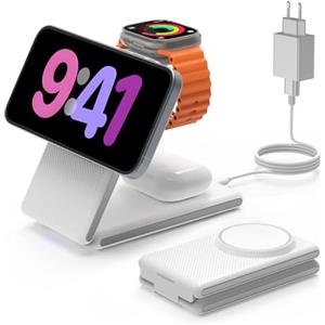 CIYOYO 3 in 1 Caricatore Wireless Pieghevole, CIYOYO Magnetico sicuro Stazione di ricarica induttiva per iPhone 16/15/14/13/Pro, Stazione di ricarica magnetica per Apple Watch 10/9/8/Ultra, AirPods Pro 4/3/2