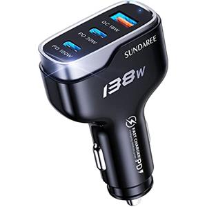 SUNDAREE Caricabatterie Auto USB C 100W,138W 3 Porte 12V 24V PD QC Fast Charge Carica Rapida Tipo C Caricatore Accendisigari Adattatore for Samsung S23/iPhone/Redmi Note 12/Macbook/Galaxy Book/Laptop