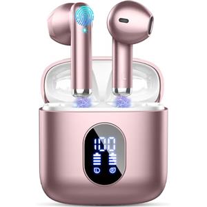 Rinsmola Cuffie Bluetooth, Auricolari Bluetooth con 4 HD Mics, HiFi Stereo Cuffie Wireless in Ear, ENC Cancellazione Rumore Cuffie Senza Fili, 3.7g Mini Cuffiette Wireless, 30 Ore/IP7 Impermeabili, Oro Rosa