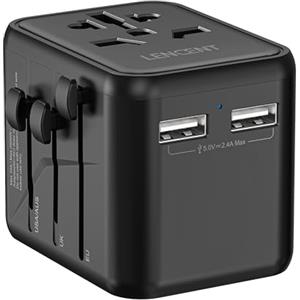 LENCENT Adattatore Spina Universale, Presa Internazionale con 2 Porte USB, Caricatore Spina da Viaggio per Europa, Stati Uniti, Canada, Regno Unito e Australia, Mini & Compatto, per 200+ Paesi -Nero