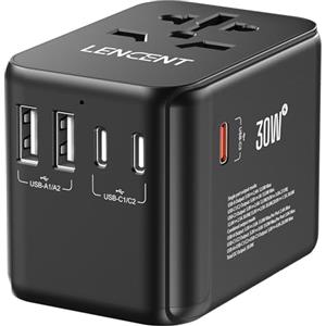 LENCENT Adattatore Universale da Viaggio, GaN3 30W Caricatore con 2 Porte USB & 3 USB-C PD Ricarica Veloce, Adattatore Spina Alimentazione Mondiale per Telefono, Laptop, Tipo A/C/G/I (USA/UK/EU/AUS)