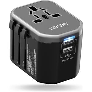 LENCENT Adattatore Universale da Viaggio, LENCENT All in One Caricatore Adattatore di Alimentazione Internazionali con 2 Porta USB per Inglese/Americana/Europa/Australia oltre 200 i Paesi nel Mondo