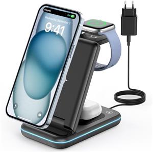JoyGeek Caricabatterie Wireless 3 in 1, Pieghevole, per i Phone 16/15/14/13/12/11/Pro Max/X/8, Stazione di ricarica induttiva per iWatch 10/9/Ultra/SE/8/7/6/5/4, per Air Pods 4/2/3/Pro, (Nero)