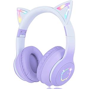 Usoun Cuffie Bluetooth cartone animato,con orecchie da gatto con luce a LED,slot per schede SD,jack audio da 3,5 mm,cuffie sovraurali pieghevoli,senza fili e cablate,per bambini,bambine (viola)
