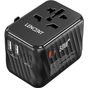 LENCENT Adattatore Spina Universale 30W, Caricatore Internazionale con 3 USB-C e 2 USB-A Ricarica Veloce, Presa da Viaggio Internazionale, Spina EU/UK/USA/AUS per Cellulari, Tablet, Laptop -Nero