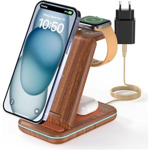 JoyGeek Caricabatterie wireless 3 in 1 pieghevole per i Phone 16/15/14/13/12/11/X, stazione di ricarica induttiva per iWatch 10/9/Ultra/SE/8/7/6/5/4, per Air Pods 4/2/3/Pro, Wood Grain