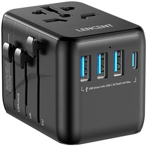 LENCENT Adattatore Universale da Viaggio, Adattatore Spina USA EU UK AUS, Caricatore Internazionale con 3 USB e 1 USB-C per Cellulari Laptop, Tutto in Uno Adattatore Spina per Oltre 200 Paesi -Nero
