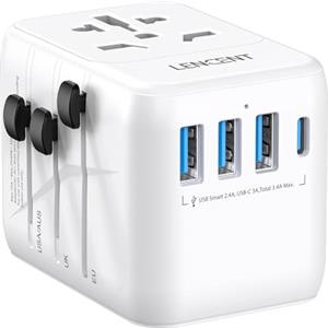 LENCENT Adattatore Universale da Viaggio, Adattatore Spina USA EU UK AUS, Caricatore Internazionale con 3 USB e 1 USB-C per Cellulari Laptop, Tutto in Uno Adattatore Spina per Oltre 200 Paesi -Bianco