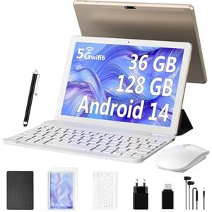 LEVIRTU 10 Pollici Android 14 Tablet in Offerta Octa-Core 2.0 GHz, 5GWiFi 6, 36GB RAM+128GB ROM(TF 1TB), 8000mAh, Dual Camera, Bluetooth 5.0, Tablet con Tastiera,Penna,Mouse-Oro