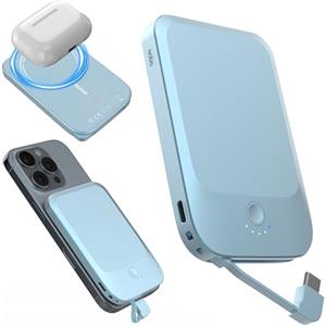 Nobis Slim Power Bank Magnetico 5000mAh con Cavo Integrato Caricatore Portatile QC 3.0 22,5W PD Ricarica Rapida USB C In/Out, per MagSafe 15W Powerbank per Phone 16 Android (Blu)