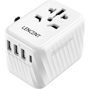 LENCENTE Adattatore Universale da Viaggio, Spina di Alimentazione con 3 USB A e 1 PD Tipo C, Caricatore USB Presa AC da Parete in Tutto il Mondo per UE a UK, AUS, AUS (Spina di Tipo C/G/A/I) -Bianco