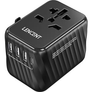 LENCENTE Adattatore Universale da Viaggio, Spina di Alimentazione con 3 USB A e 1 PD Tipo C, Caricatore USB Presa AC da Parete in Tutto il Mondo per UE a UK, AUS, AUS (Spina di Tipo C/G/A/I) -Nero