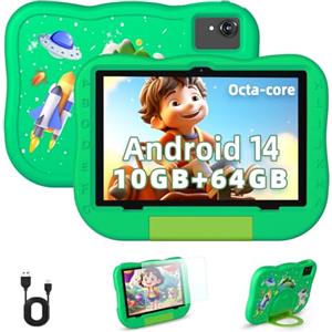 Hasskya Android 14 Tablet per Bambini da 10 Pollici, 10GB RAM 64GB ROM, Tablet Octa-Core con Custodia, Display IPS 1280x800, 6000mAh, Doppia Fotocamera, Bluetooth e WiFi6, Grande Regalo per i Bambini (Verde)