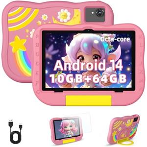 Hasskya 2024 Nuovo Android 14 10 Pollici, Tablet Per Bambini Con Custodia e Controllo Parentale, Octa-core 10+64GB, Doppia Fotocamera 5MP+8MP (Rosa)