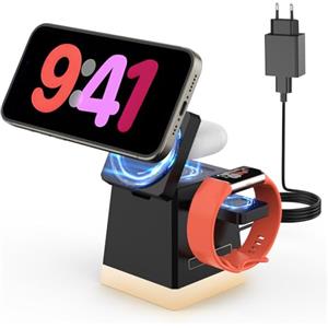 JoyGeek Caricabatterie Wireless 3 in 1 per Fitbit Charge 6, stazione di ricarica magnetica per Fitbit Charge 6/5/Luxe, caricatore sicuro Mag per iPhone 16/15/14/13/12Series, per AirPods 2/3/Pro