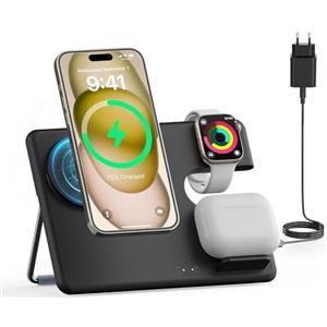 JoyGeek Caricatore per MagSafe, 3 in 1 Base Ricarica Magnetico per iPhone 15/14/13/12/Plus/Pro Max, Stazione di Ricarica per Apple Watch Ultra 2-2, Caricabatterie Wireless per AirPods Pro/3/2-Nero