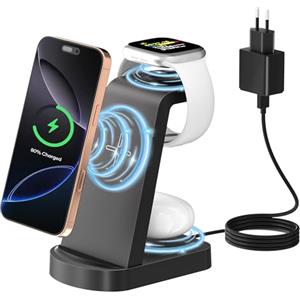Sewowibo Caricatore Wireless,3 in 1 stazione di ricarica,stazione ricarica caricabatterie wireless compatibile con iPhone 16/15/14/13/12 Pro/Pro Max,Apple Watch Ultra/10/9/8/7/6/5/4/SE AirPods Pro Nero