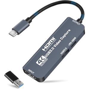 Flintronic Scheda Acquisizione Video, USB 3.0 con 100 W PD, HDMI a 4K 1080P 60 per MacOS/Quest 3/Switch/PS4/PS5 Live Broadcast Gaming Streaming
