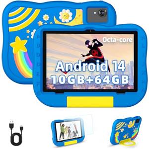 Hasskya 2024 Nuovo Tablet Android 14 per Bambini da 10 Pollici, Octa-Core 10+64GB (1TB Espandibile), Custodia Antiurto, Controllo Parentale, dai 6 Anni in Su (Blu)