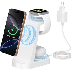Sewowibo Caricatore Wireless,3 in 1 stazione di ricarica,stazione ricarica caricabatterie wireless compatibile con iPhone 16/15/14/13/12 Pro/Pro Max,Apple Watch Ultra/10/9/8/7/6/5/4/SE AirPods Pro Bianco
