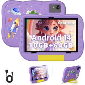 Hasskya 10 Pollici Android 14 Bambini Tablet con Custodia Antiurto, 10GB RAM+64GB ROM (1TB Espandibile), Controllo Parentale, 1280X800 HD Touch Screen Display, Apprendimento e Gioco (Viola)